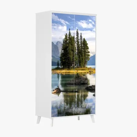 Pegatina para armario lago montañoso con isla de pinos – Pixers®