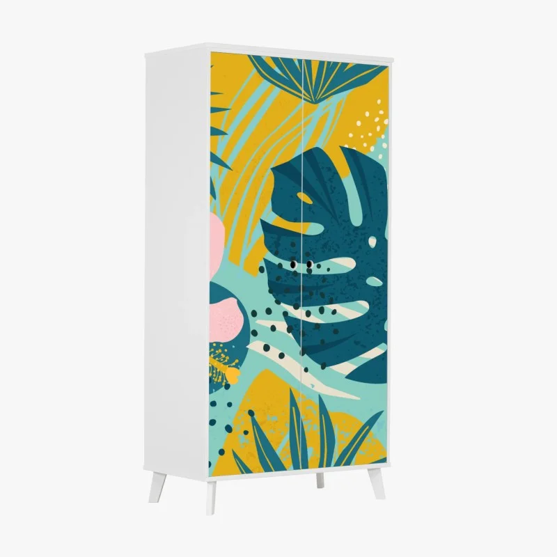 Pegatina para armario diseño tropical moderno con hojas de monstera y hibisco