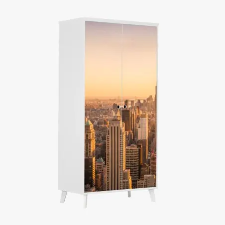 Pegatina para armario amanecer dorado sobre el perfil urbano de Nueva York – Pixers®