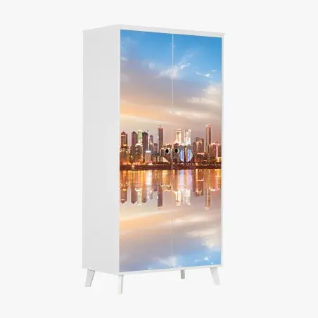 Pegatina para armario horizonte urbano reflejado al atardecer – Pixers®