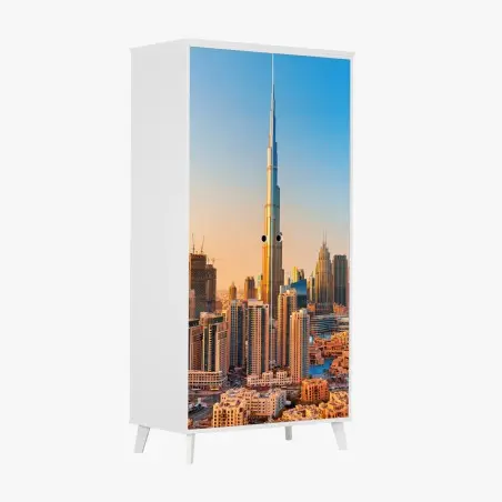 Pegatina para armario amanecer sobre Dubai: horizonte icónico con Burj Khalifa – Pixers®
