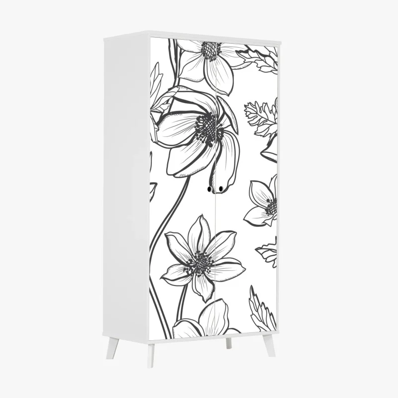 Pegatina para armario dibujo floral lineal en blanco y negro