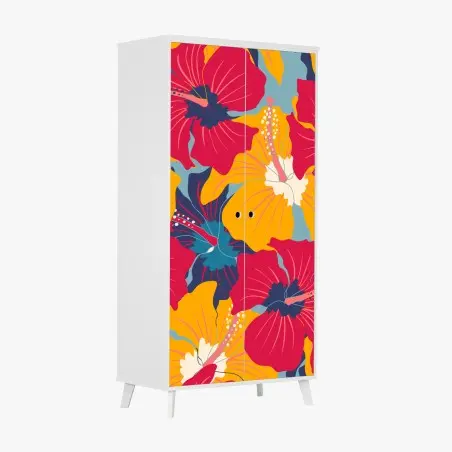 Pegatina para armario patrón floral retro de hibiscos coloridos – Pixers®
