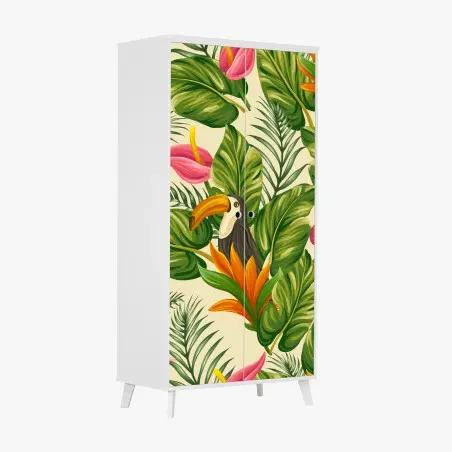 Pegatina para armario estampado tropical con tucán y hojas exuberantes – Pixers®