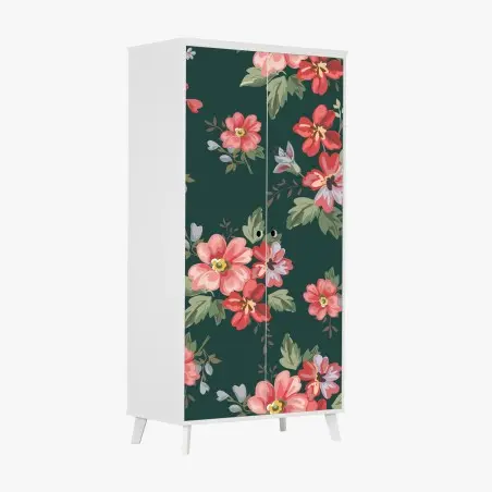 Pegatina para armario patrón floral vintage en tonos rosa y rojo sobre fondo verde oscuro – Pixers®