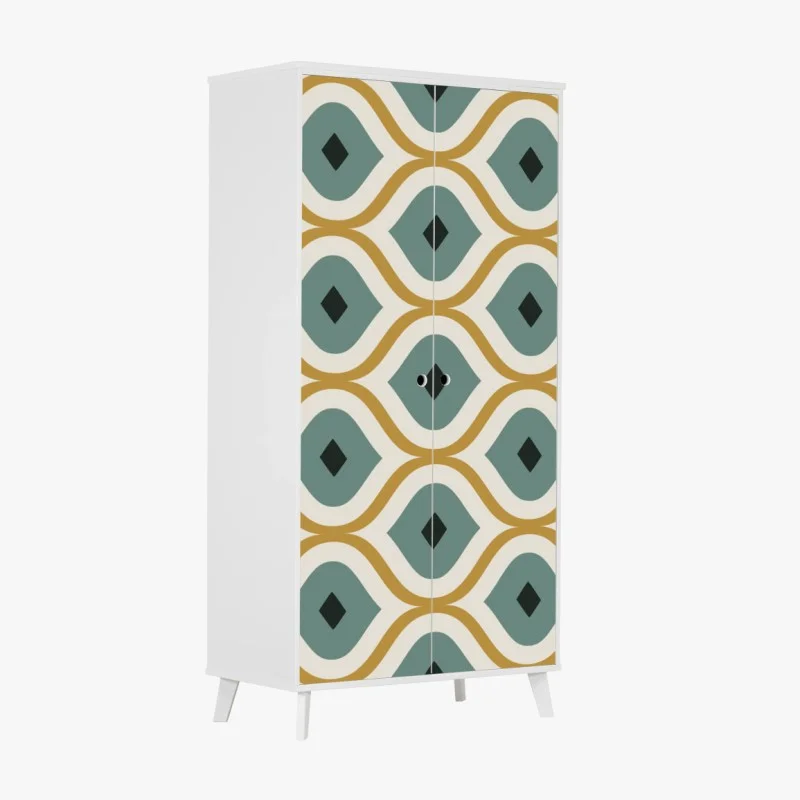 Pegatina para armario diseño geométrico retro en tonos verde azulado y dorado