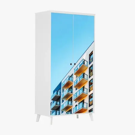 Pegatina para armario fachada contemporánea con balcones y cielo azul – Pixers®