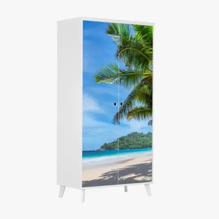 Pegatina para armario vista tropical de playa con palmeras y velero – Pixers®