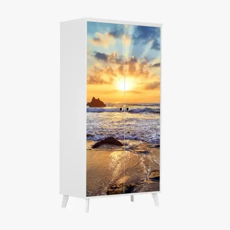 Pegatina para armario atardecer dorado en la costa rocosa – Pixers®