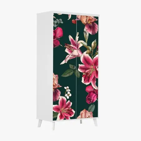 Pegatina para armario estampado floral vintage en tonos rosa y verde oscuro – Pixers®