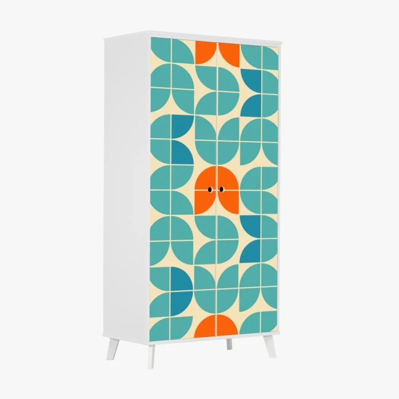 Pegatina para armario mosaico geométrico mid-century en tonos turquesa y naranja