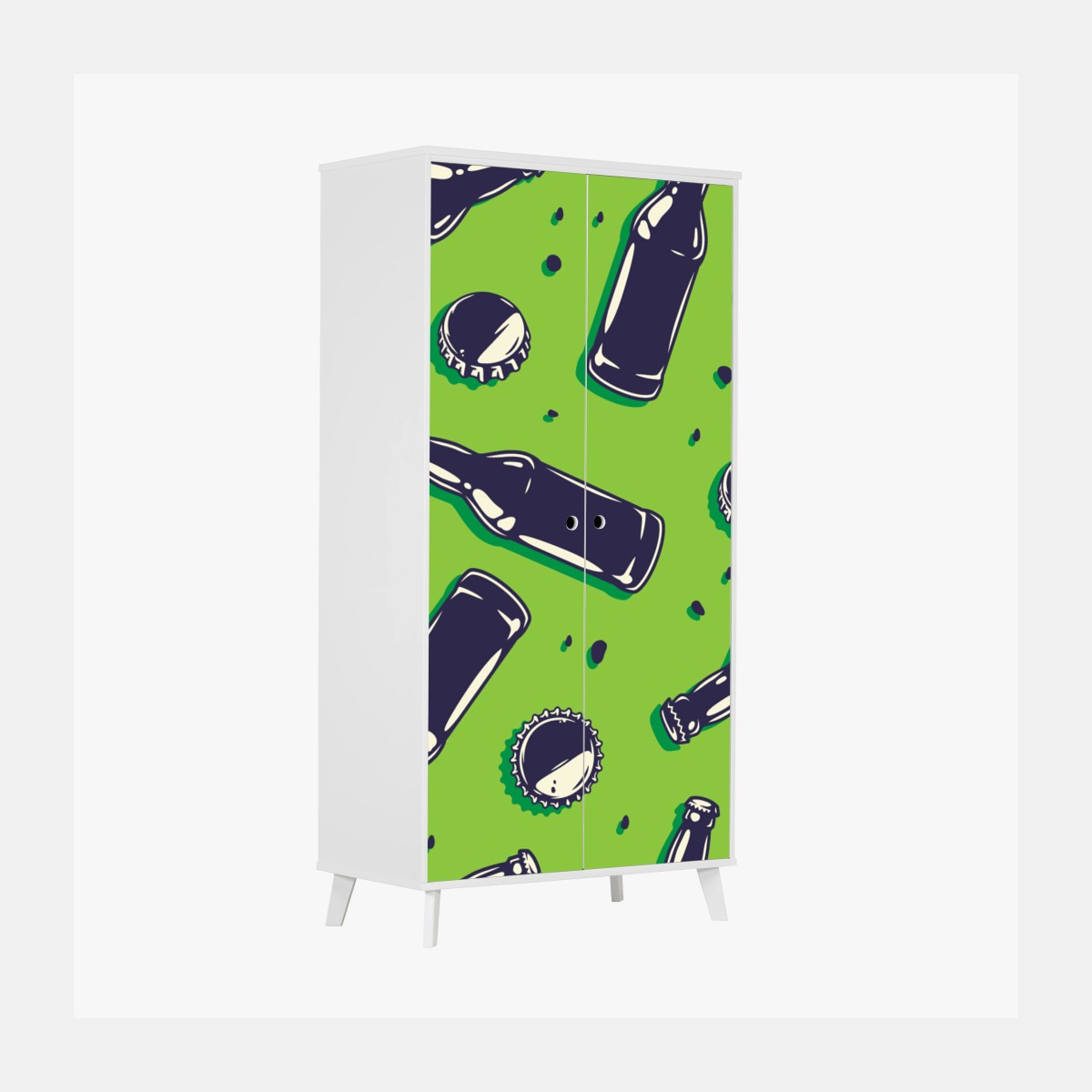 Pegatina para armario patrón pop de botellas y tapones sobre fondo verde – Pixers®