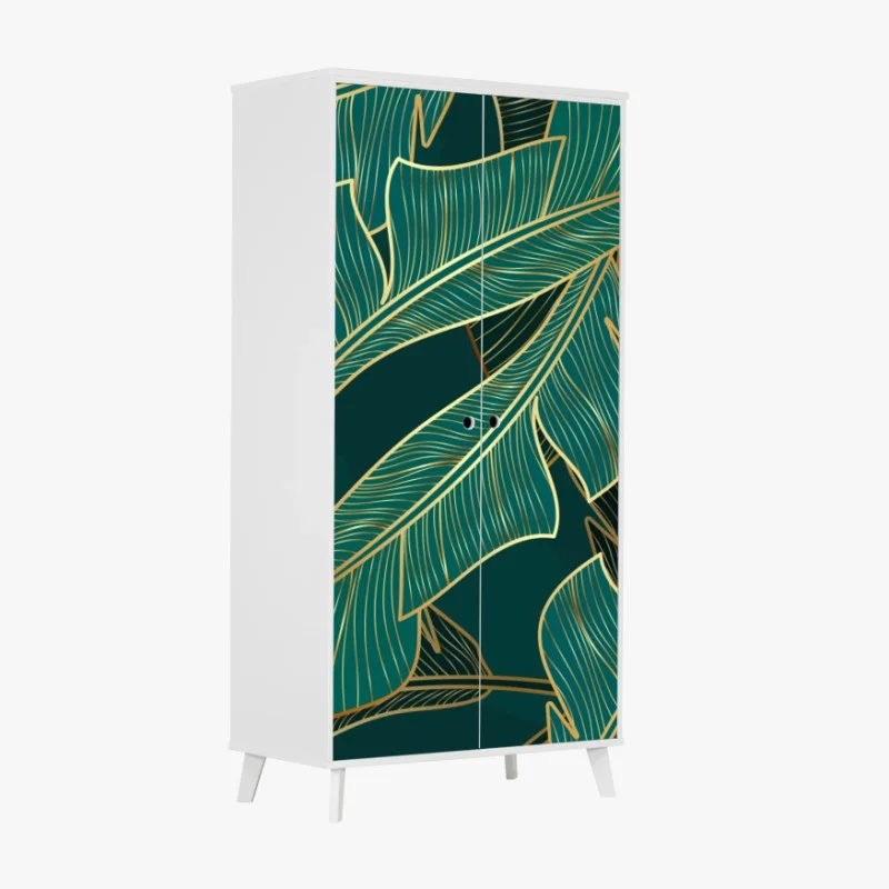 Pegatina para armario diseño de hojas tropicales doradas sobre fondo verde oscuro