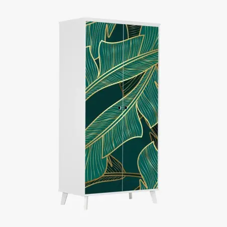 Pegatina para armario diseño de hojas tropicales doradas sobre fondo verde oscuro – Pixers®