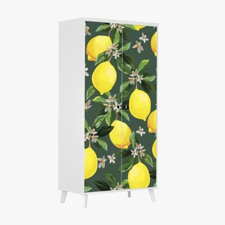 Pegatina para armario estampado de limones y flores sobre fondo verde – Pixers®