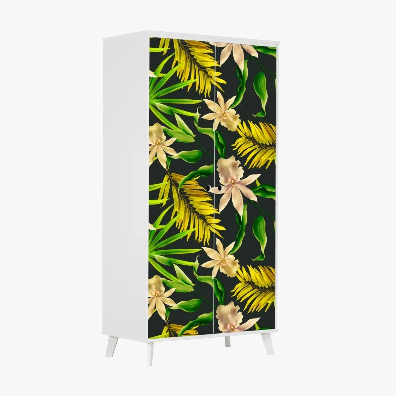 Pegatina para armario estampado tropical de orquídeas sobre fondo oscuro