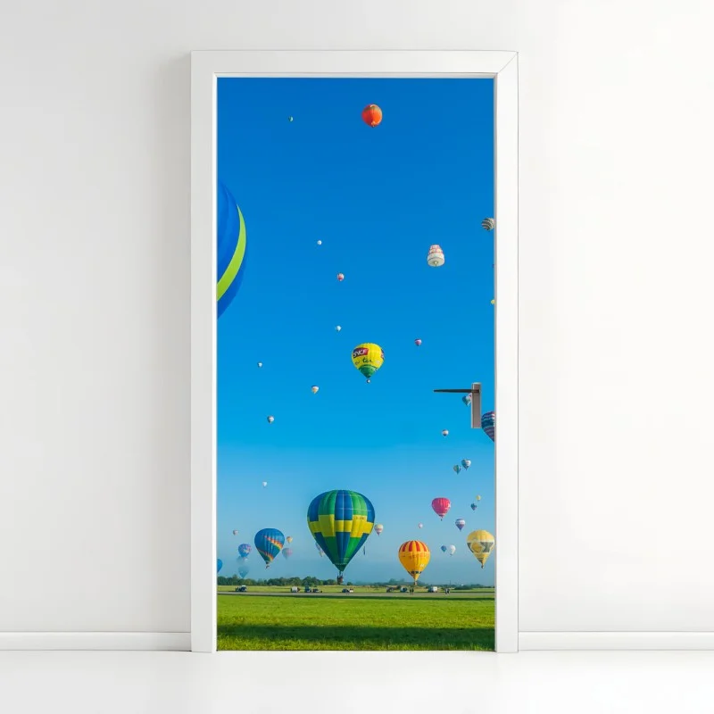 Pegatina para puerta amanecer en Chambley con globos aerostáticos sobre el campo