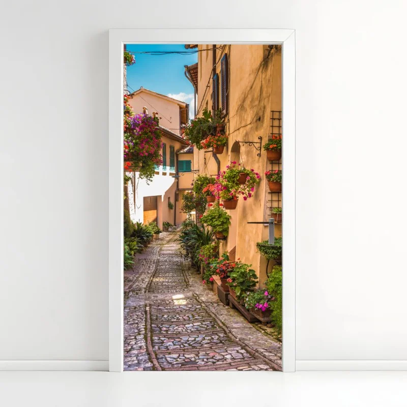 Pegatina para puerta calle floral medieval en Umbria, Italia