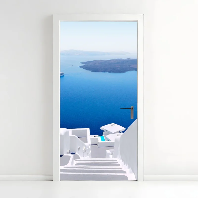 Pegatina para puerta mirador al mar azul desde escalera blanca