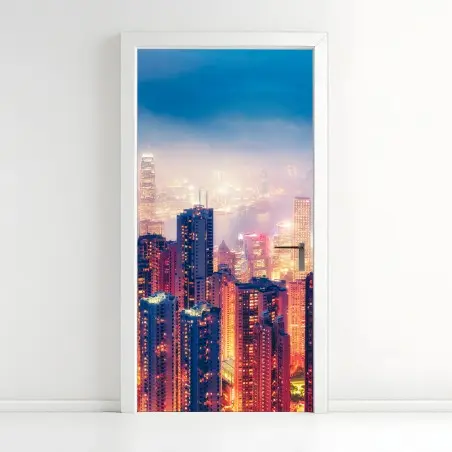 Pegatina para puerta panorámica nocturna vibrante de Hong Kong desde Victoria Peak – Pixers®