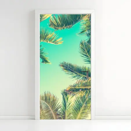 Pegatina para puerta palmeras retro bajo el cielo azul – Pixers®