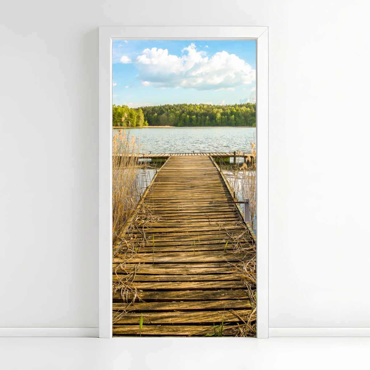 Pegatina para puerta muelle hacia la tranquilidad del lago – Pixers®