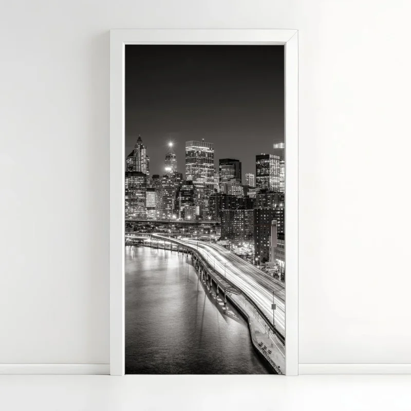 Pegatina para puerta vista nocturna de Nueva York en blanco y negro