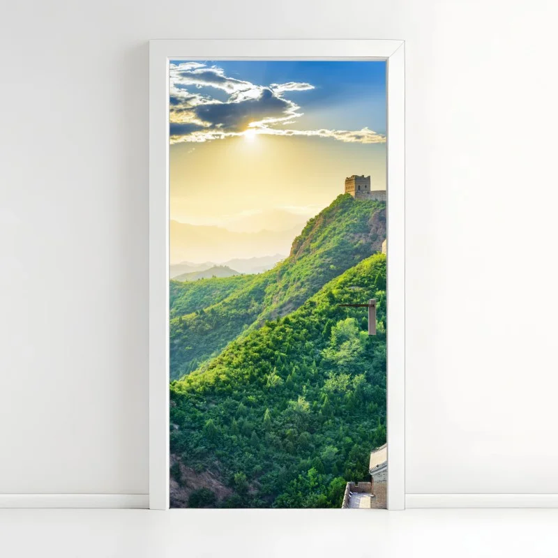Pegatina para puerta paisaje sereno de la Gran Muralla China al amanecer