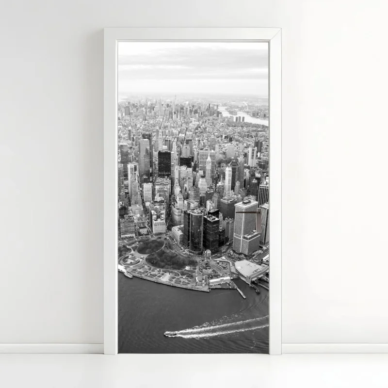 Pegatina para puerta atardecer aéreo en Manhattan