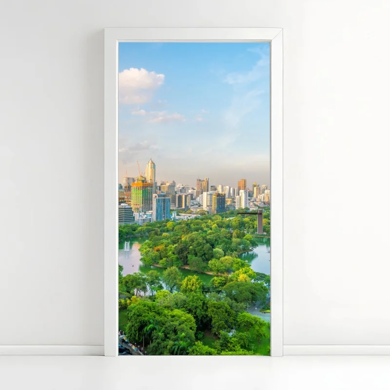 Pegatina para puerta panorama urbano con Lumpini en Bangkok