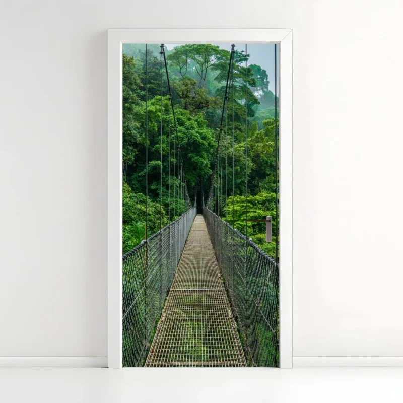 Pegatina para puerta pasarela colgante sobre la selva tropical