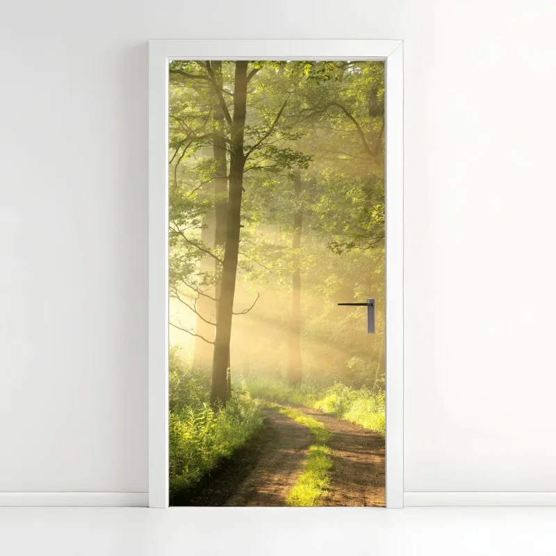 Pegatina para puerta amanecer en el sendero del bosque