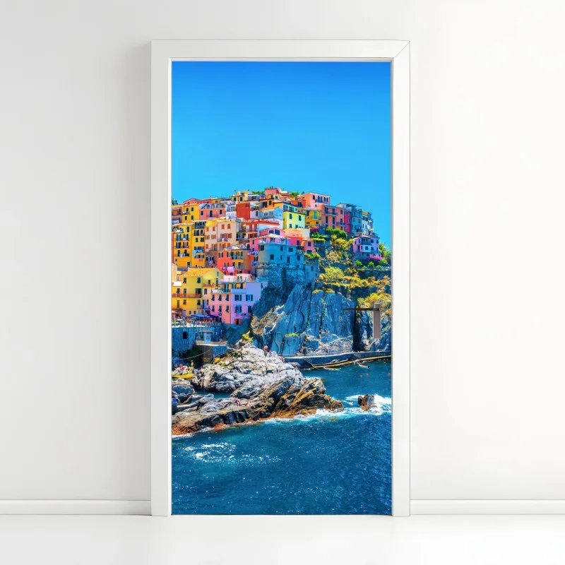 Pegatina para puerta casas de colores en acantilado de Manarola
