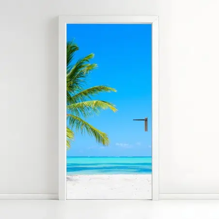 Pegatina para puerta playa tropical con palmera solitaria – Pixers®