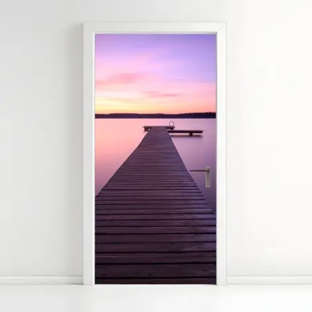 Pegatina para puerta muelle al amanecer en tonos pastel – Pixers®