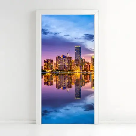 Pegatina para puerta horizonte de Miami al atardecer – Pixers®