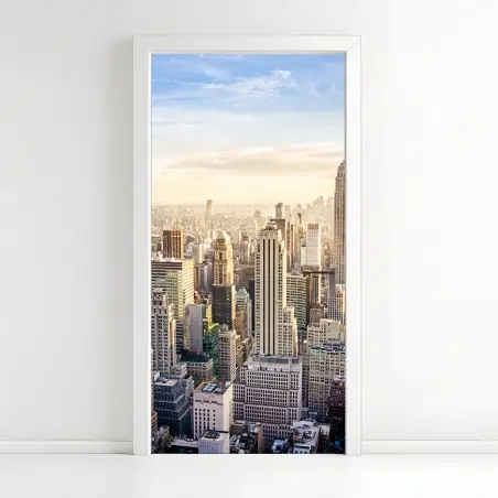 Pegatina para puerta amanecer sobre Nueva York: horizonte urbano icónico – Pixers®