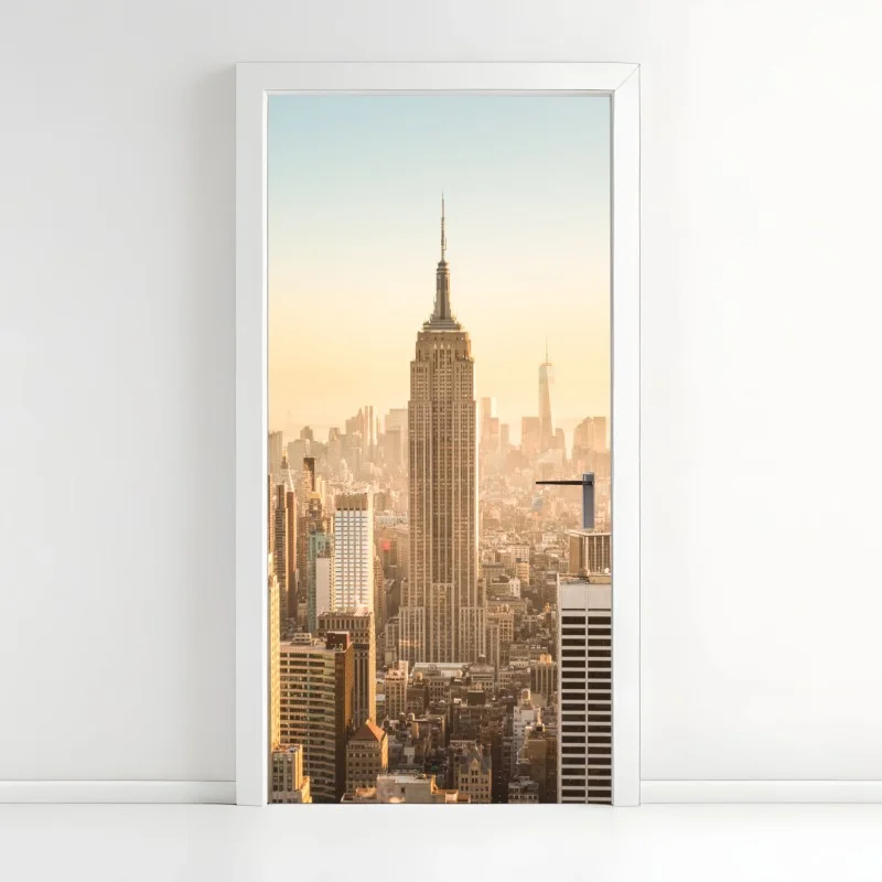 Pegatina para puerta amanecer sobre el skyline de Nueva York