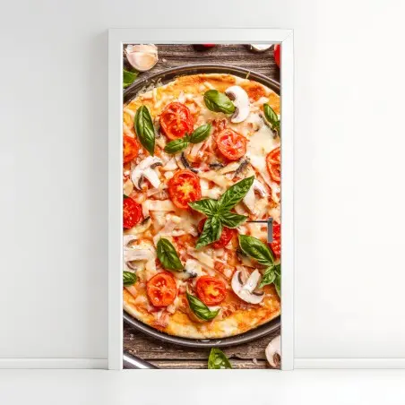 Pegatina para puerta pizza italiana rústica con albahaca y tomates cherry – Pixers®