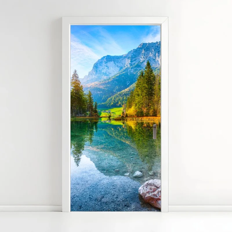 Pegatina para puerta atardecer otoñal en Hintersee, Ramsau
