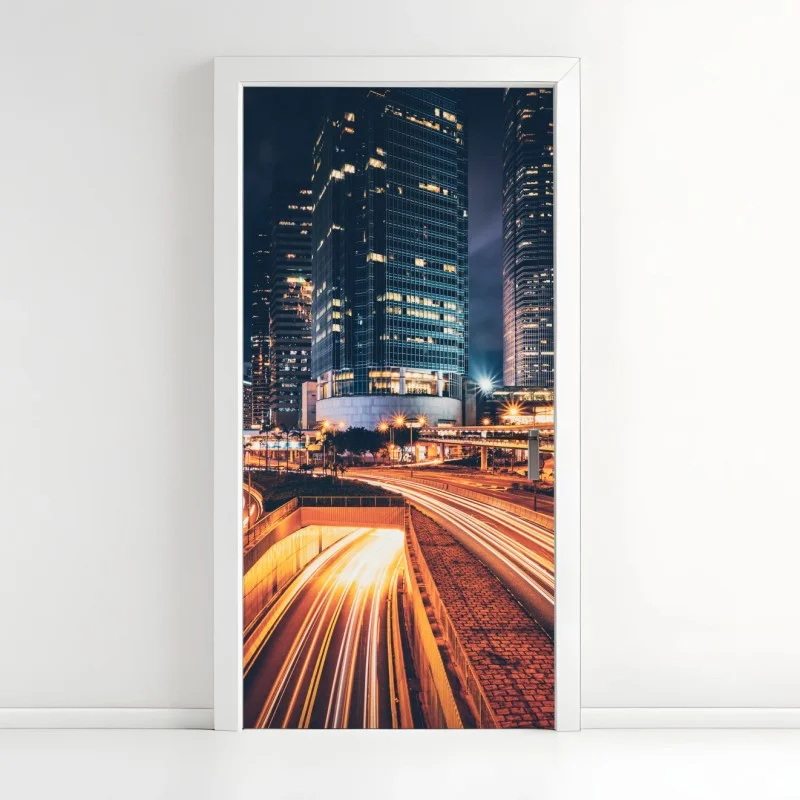 Pegatina para puerta luces urbanas: ciudad nocturna en movimiento