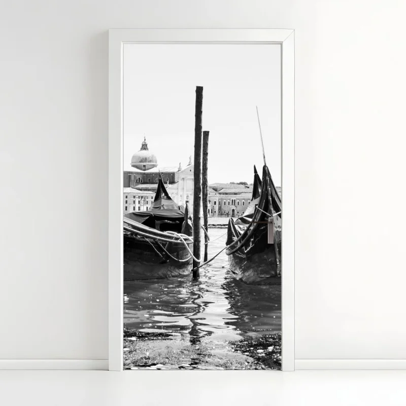 Pegatina para puerta góndolas en Venecia en blanco y negro