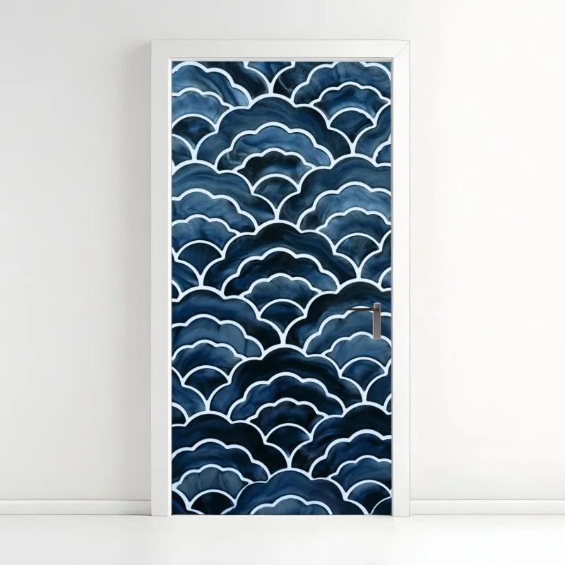 Pegatina para puerta patrón de olas japonesas en acuarela azul