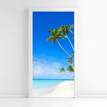 Pegatina para puerta playa tropical con palmeras y aguas turquesas – Pixers®