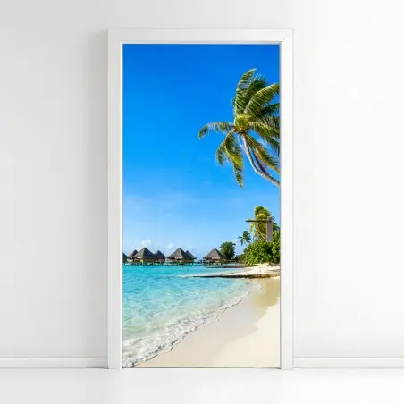 Pegatina para puerta paraíso tropical con bungalows sobre el agua – Pixers®