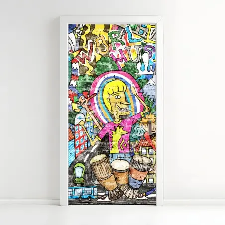 Pegatina para puerta mural urbano vibrante de fantasía y música – Pixers®