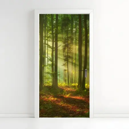 Pegatina para puerta amanecer dorado en el bosque – Pixers®