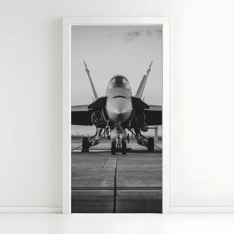Pegatina para puerta avión de combate en pista monocromo – Pixers®