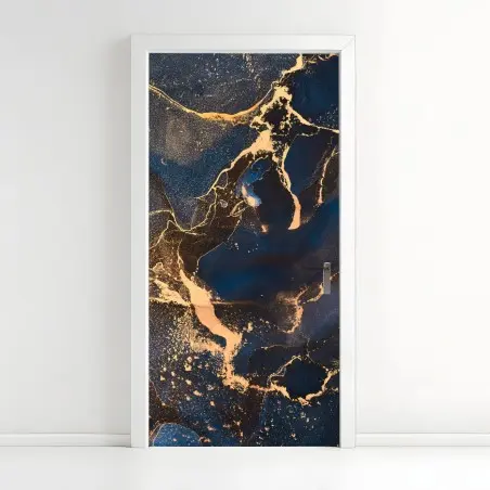 Pegatina para puerta abstracción líquida en tonos marinos y dorados – Pixers®
