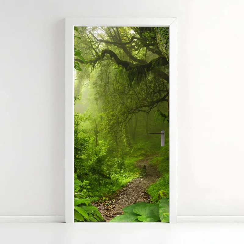 Pegatina para puerta sendero oculto en la selva esmeralda